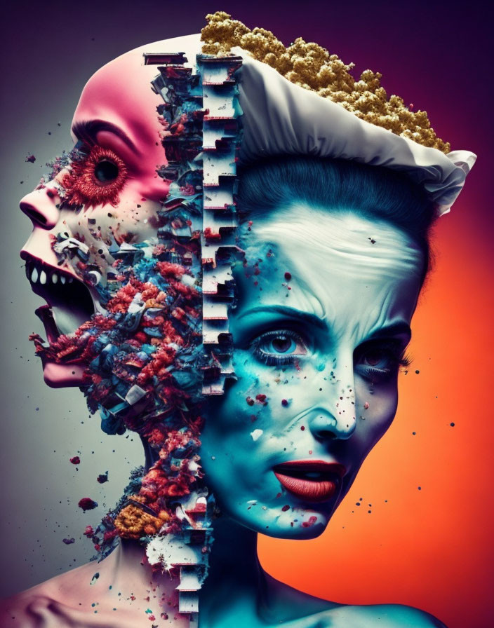 Colorful surreal portrait: Woman's face transitions to skull on vibrant background