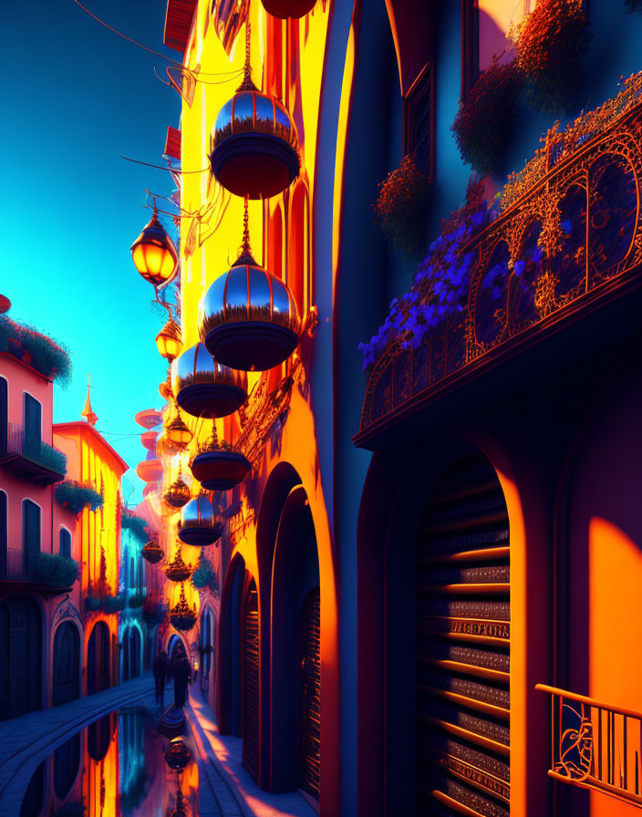 Colorful surreal streetscape with hanging lanterns and reflective water