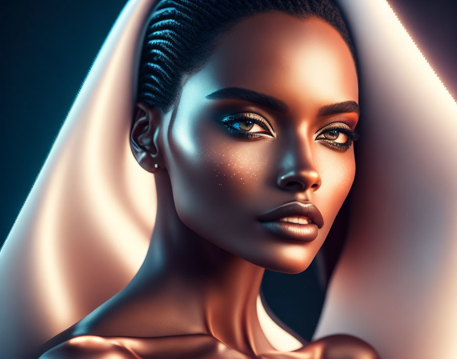 Dark-skinned woman portrait with prominent cheekbones and stylized makeup in dramatic lighting