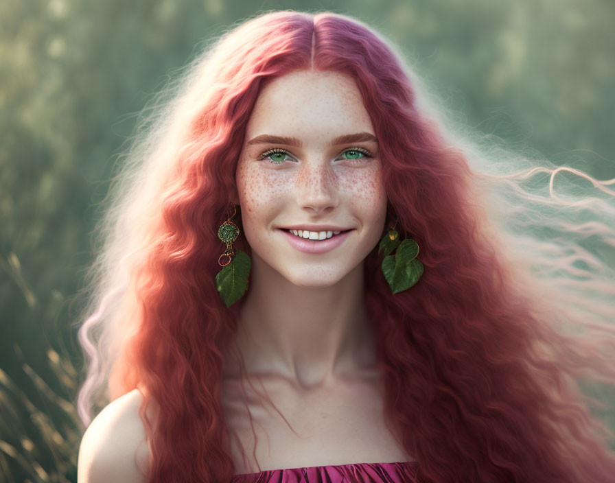 Smiling young woman with red hair and green earrings in nature