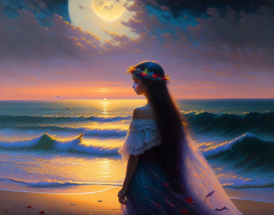 Woman in flowy dress gazes at ocean sunset with surreal moon and crashing waves