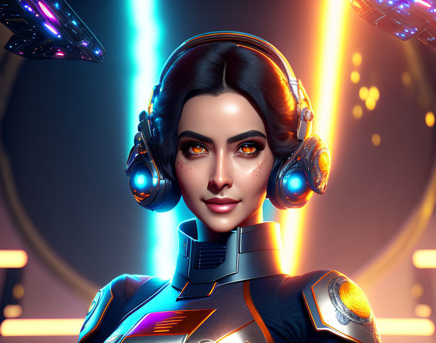 Futuristic female with headphones and armor in cybernetic setting