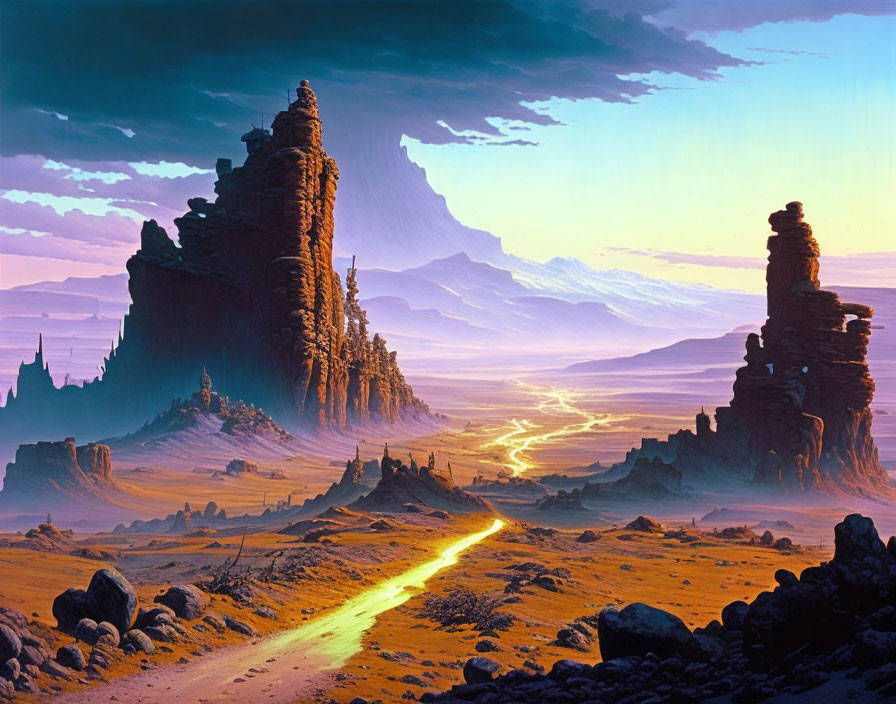 Fantasy landscape with towering rocks, golden river, and colorful sky