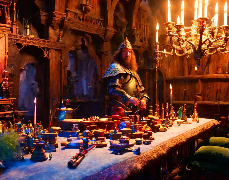 Medieval-themed person with chess pieces on wooden table in candlelit room