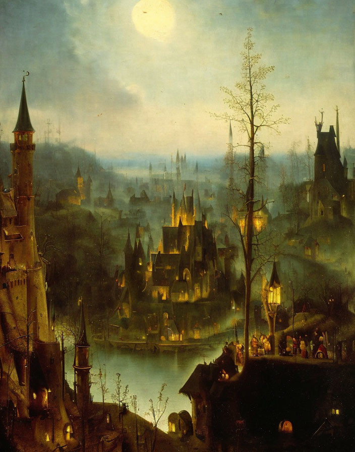 Medieval cityscape at night with gothic buildings, river, boats, and townsfolk.