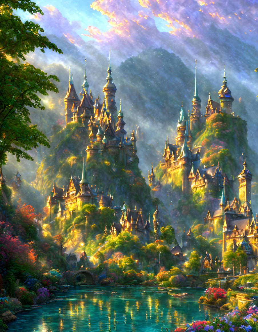 Fantastical castle with spires in vibrant landscape.