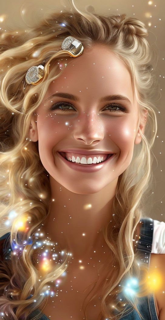 Smiling woman with blonde curls and glowing particles portrait