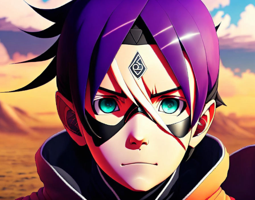 Anime character with blue eyes, purple & black hair, forehead mark, and eye covering