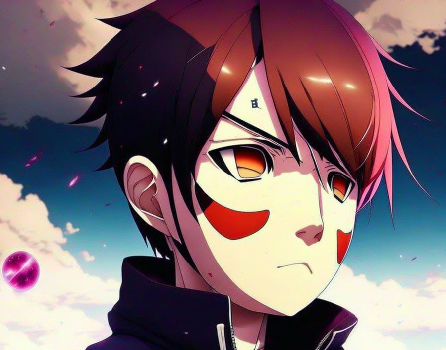 Anime character with short brown hair and golden eyes, red face markings, against pink and blue sky