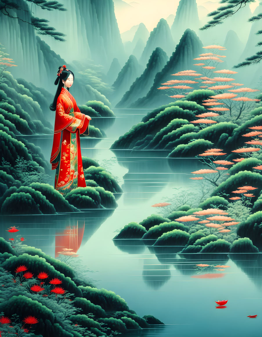 Woman in red traditional attire by serene lake with greenery and mountains.