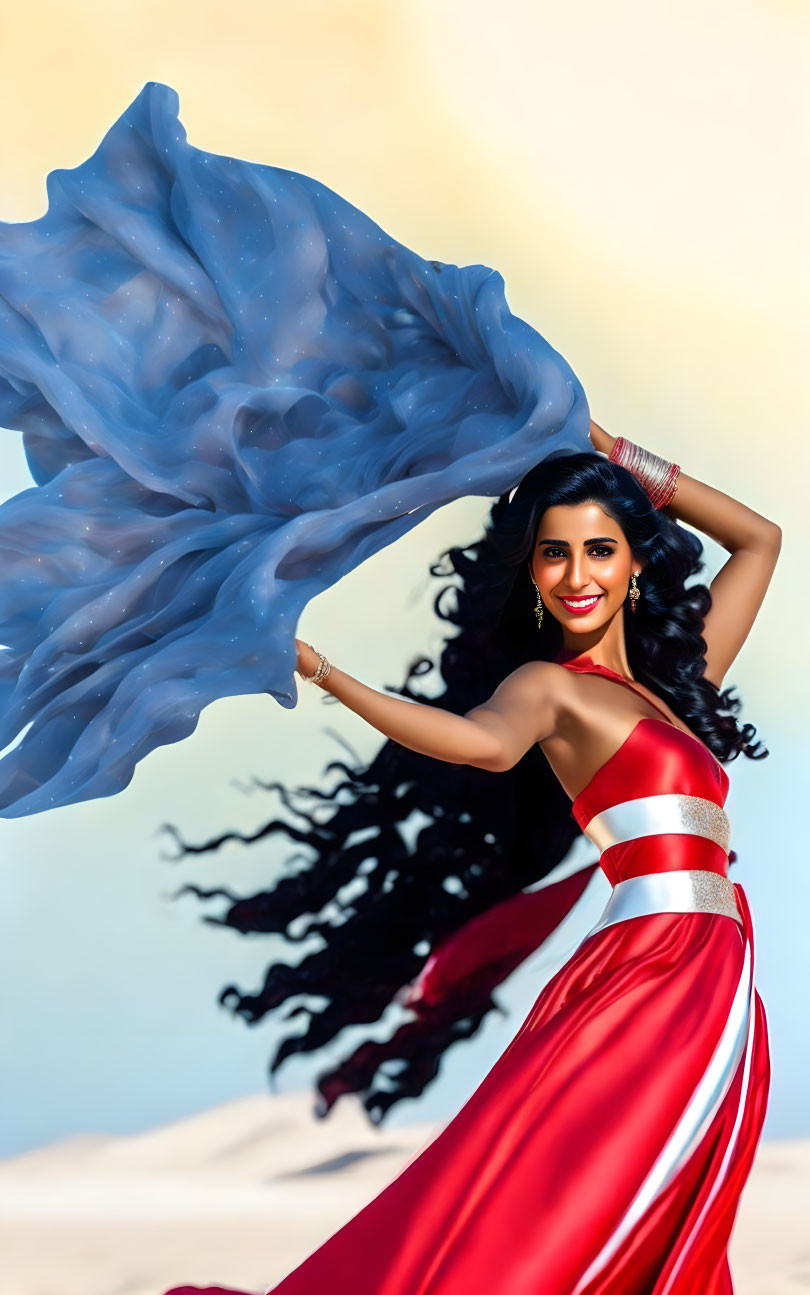 Woman in flowing red dress with blue scarf smiling against blurred background