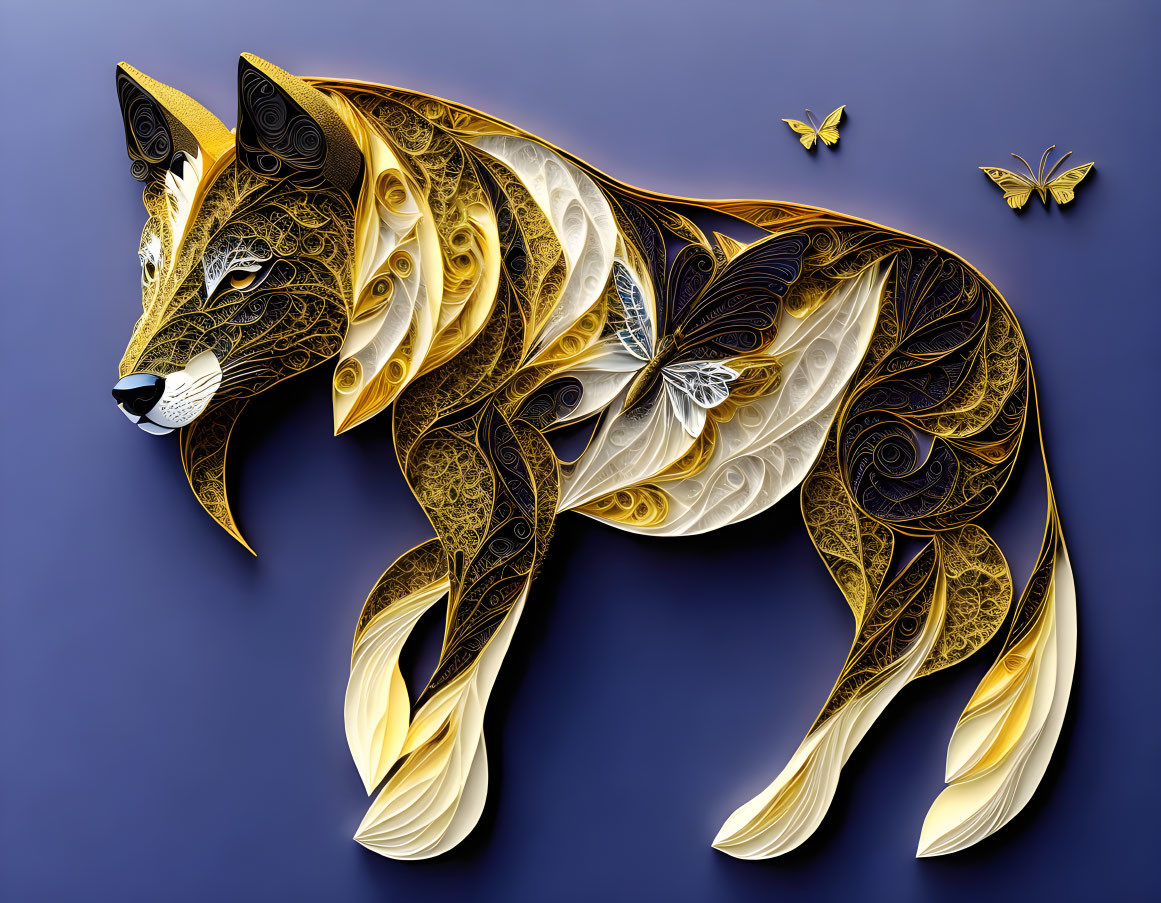 Gold and White Fox Quilling Art on Dark Blue Background With Butterflies