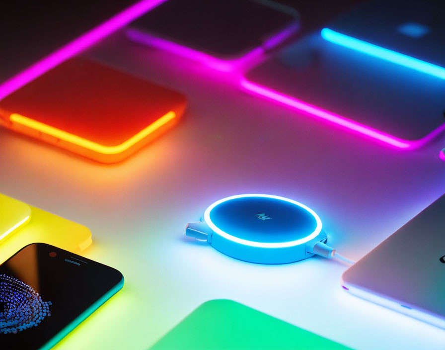 Neon Blue Light Wireless Charger Among Colorful Illuminated Devices