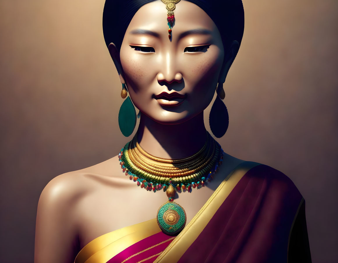 3D Rendered Image: Woman in Traditional Indian Attire & Jewelry