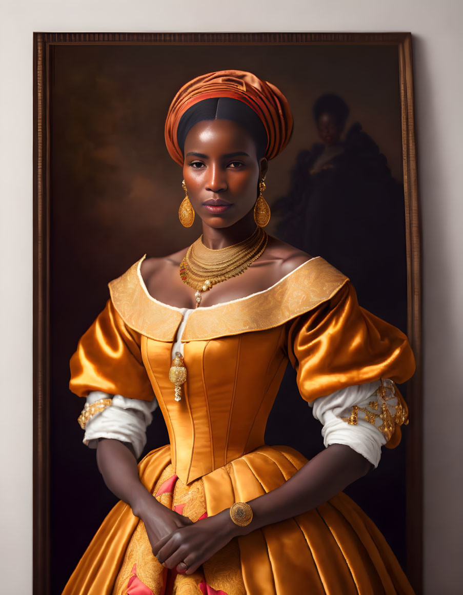 Historical woman in golden dress poses elegantly against painting