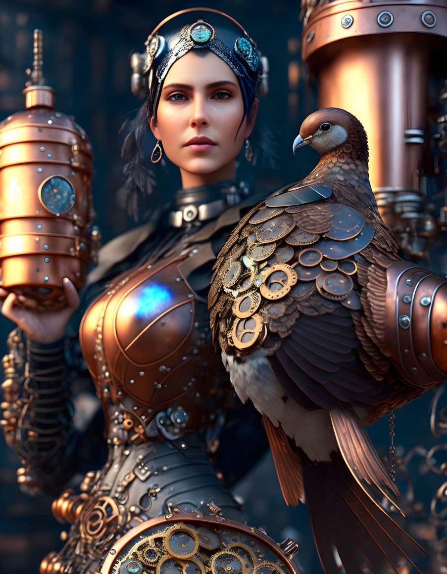 Steampunk-themed woman holding mechanical bird in industrial setting