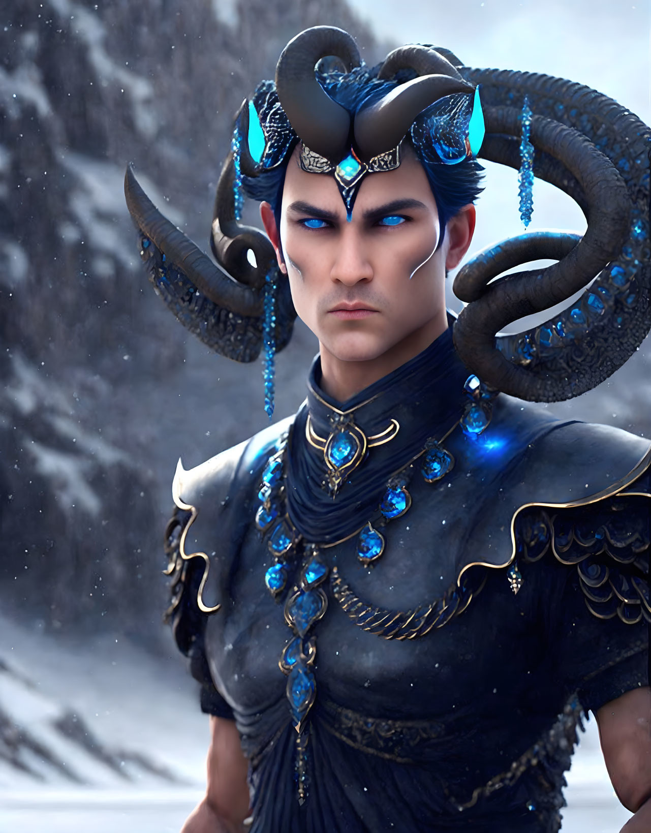 Fantasy figure with ram-like horns and blue crystals in ornate armor in snowy setting