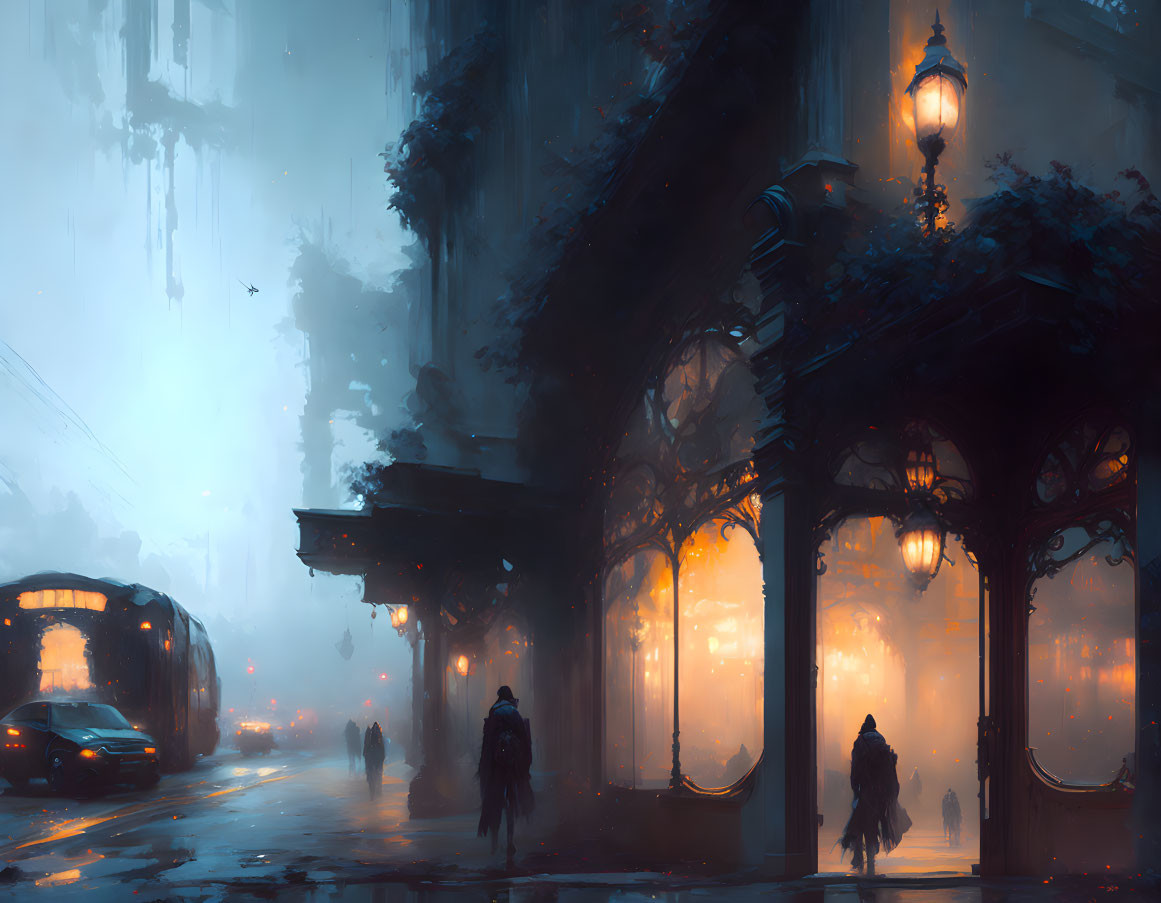 Glowing street lamps illuminate dusk cityscape with pedestrians and bus in misty rain.