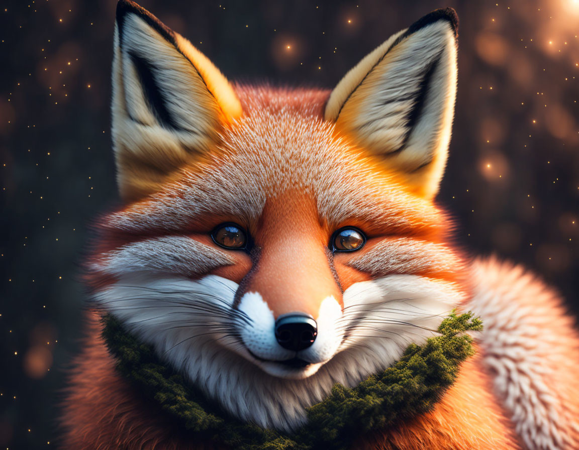 Detailed Fox Portrait with Intense Eyes and Sparkling Bokeh Background