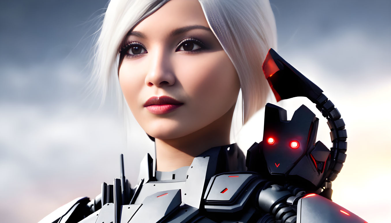 Female-presenting android in futuristic armor with white hair against cloudy sky