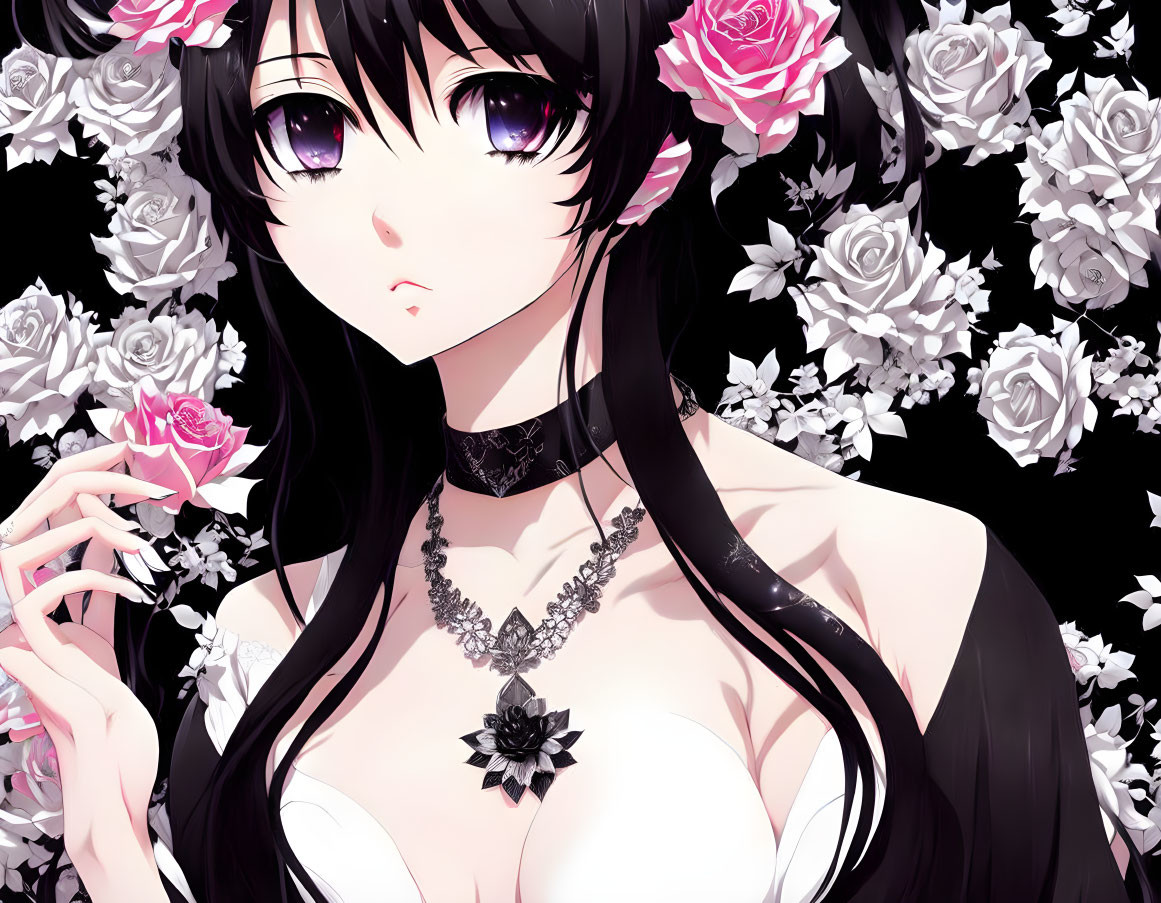 Anime-style illustration of girl with long black hair, purple eyes, black dress, white and pink roses