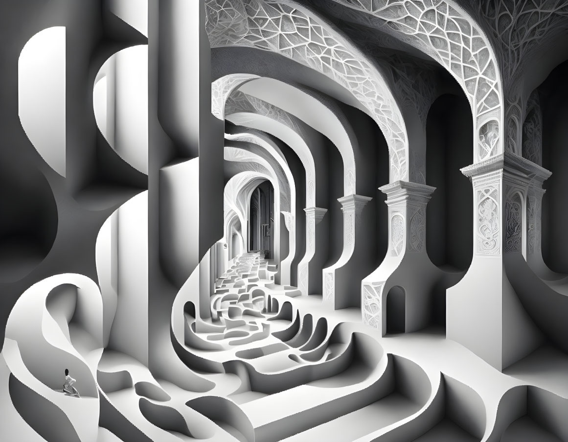 Monochrome surreal illustration of ornate arches and staircases