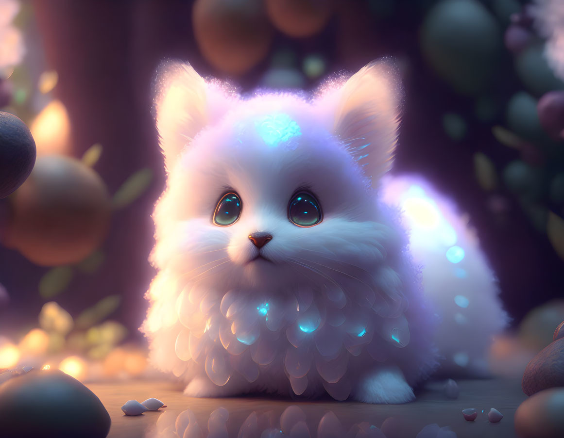 Fluffy White Fantasy Kitten with Glowing Blue Eyes among Stones and Berries