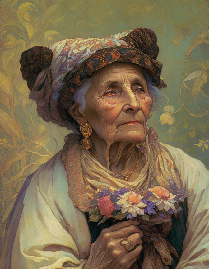 Portrait of elderly woman with white hair, headscarf, earrings, and flowers.