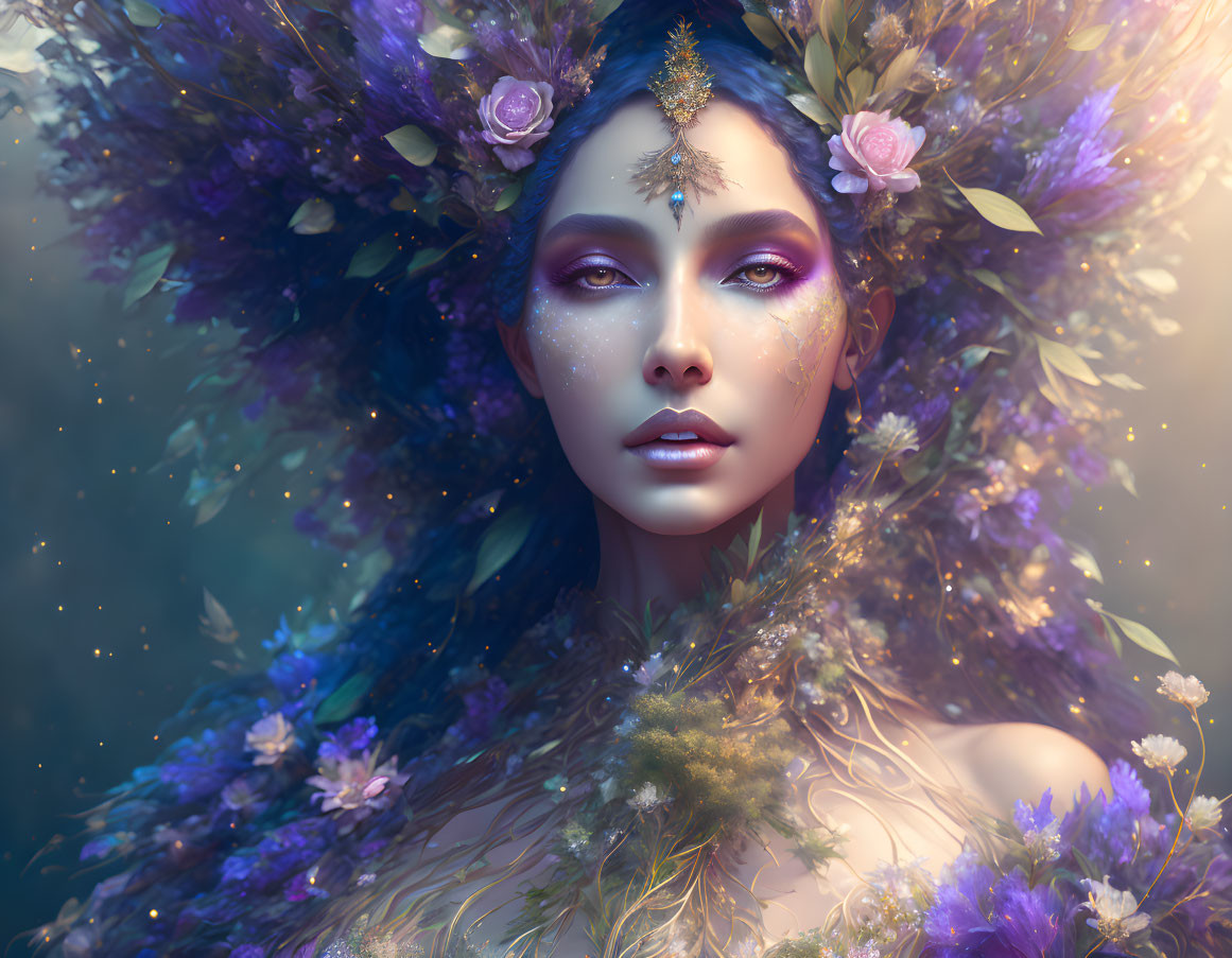 Mystical woman with floral crown and shimmering makeup in dreamlike setting.