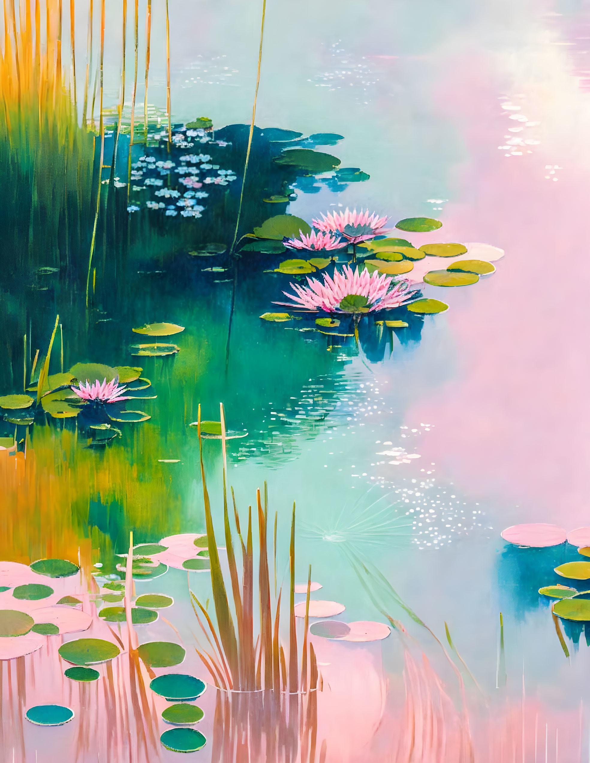 Tranquil painting of pond with pink water lilies and green lily pads