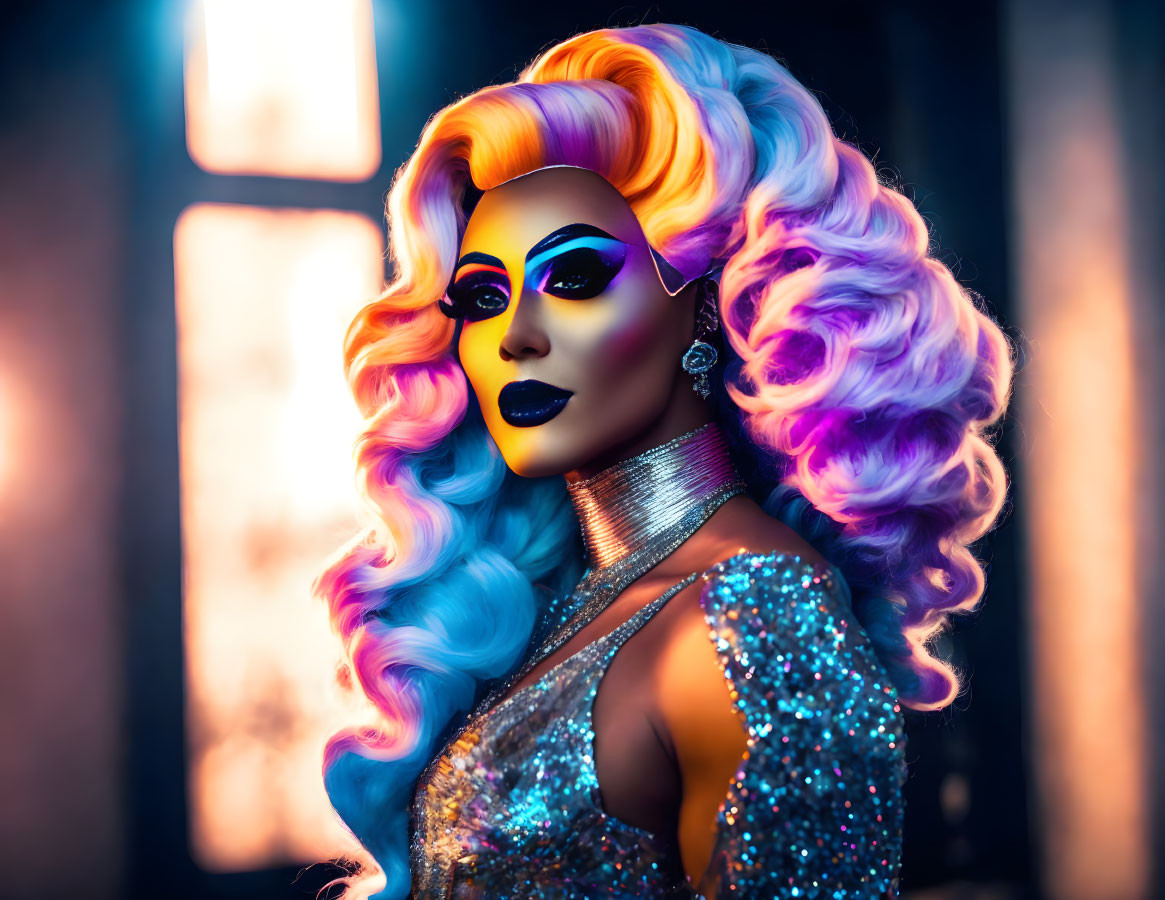 Vibrant portrait with blue and purple hair, dramatic makeup, glittery outfit, neon-lit