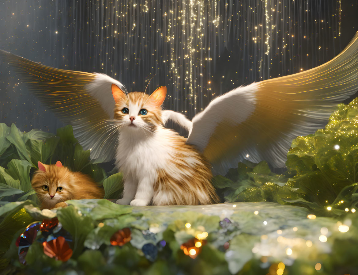 Majestic winged cats in lush greenery with sparkling lights