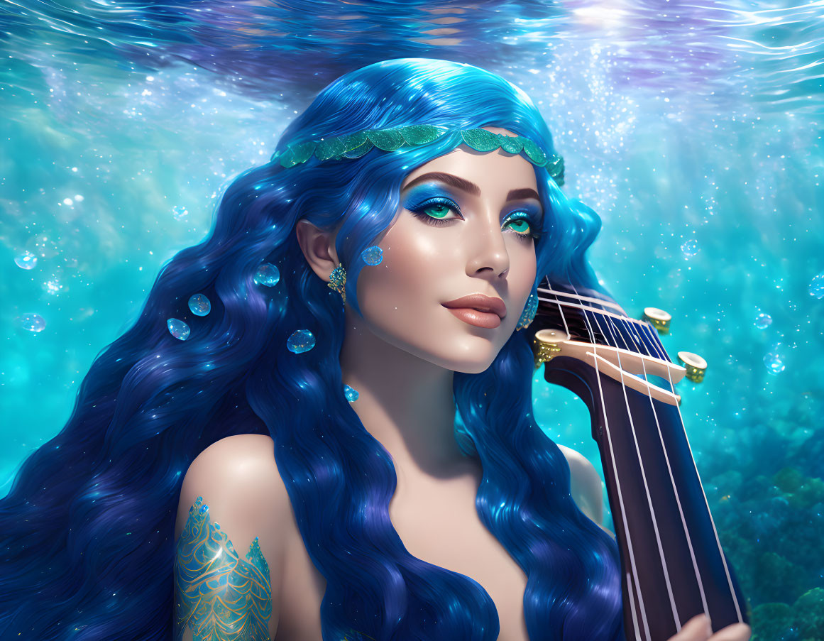 Serene woman with blue hair and diadem plays harp underwater