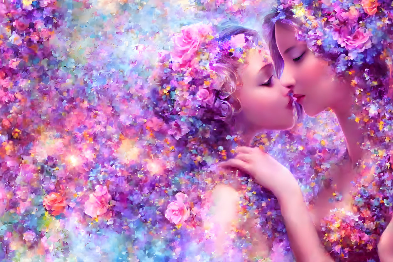 Floral-adorned individuals kissing in vibrant, impressionistic scene