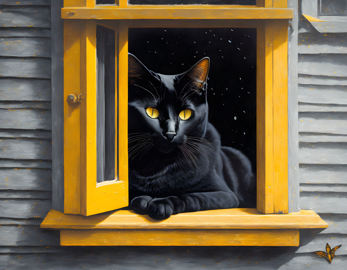 Black Cat with Yellow Eyes on Yellow Windowsill in Snowfall