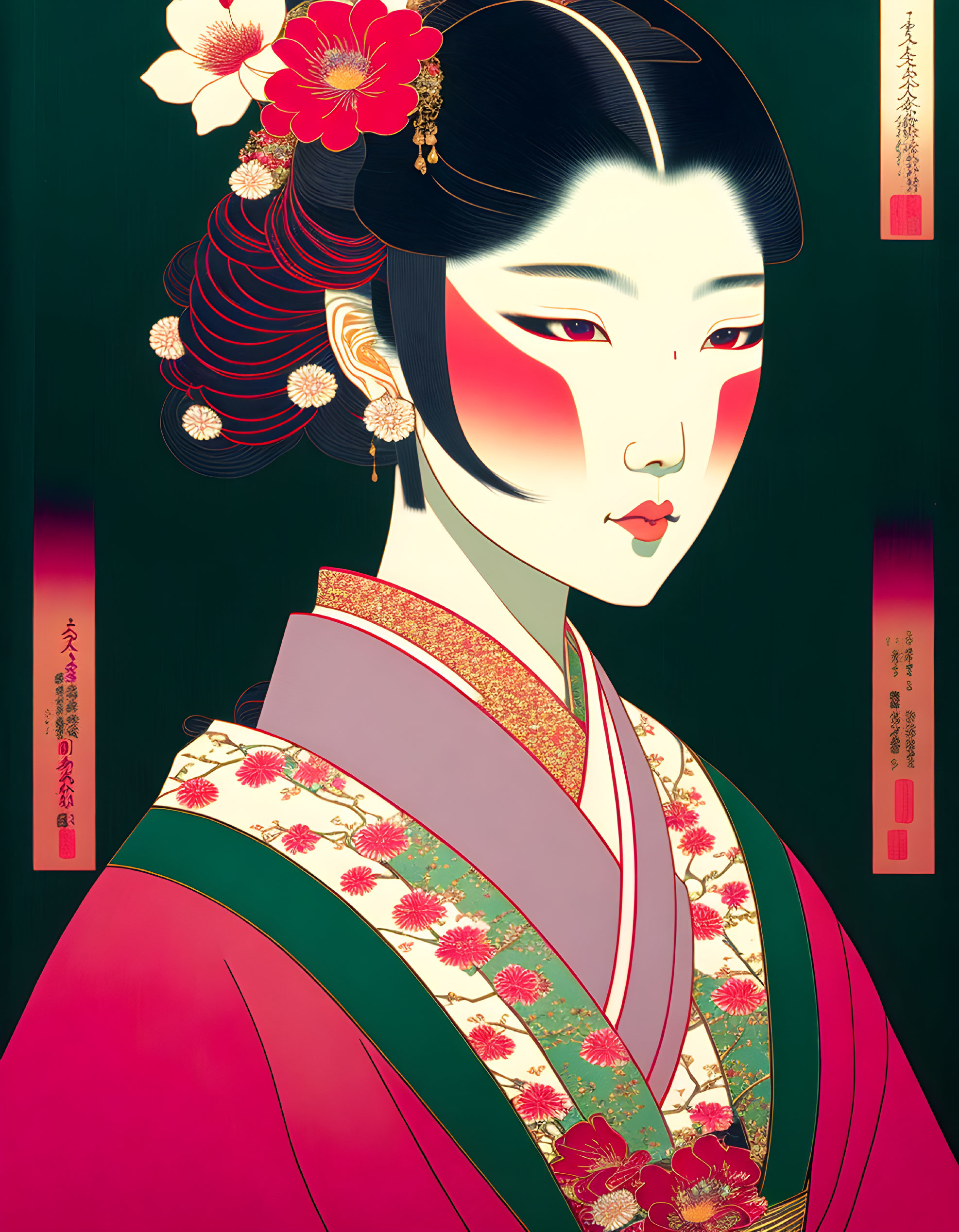 Stylized woman in traditional Japanese attire with red and green floral patterns