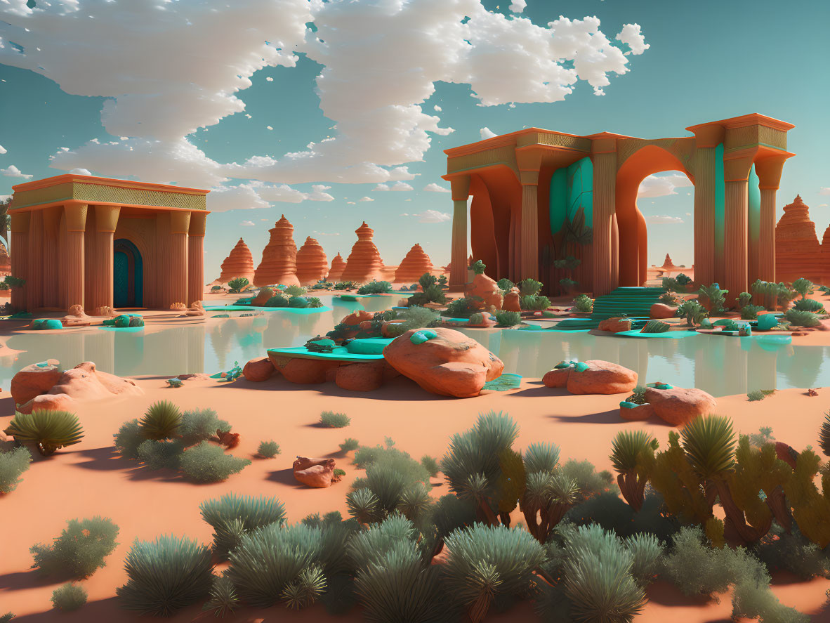 Vivid surreal desert scene: orange sands, teal arches, red rocks, greenery, water