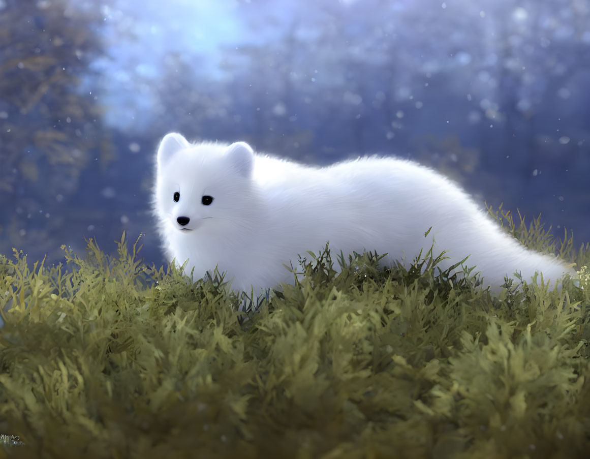 Arctic fox in green foliage against blue background