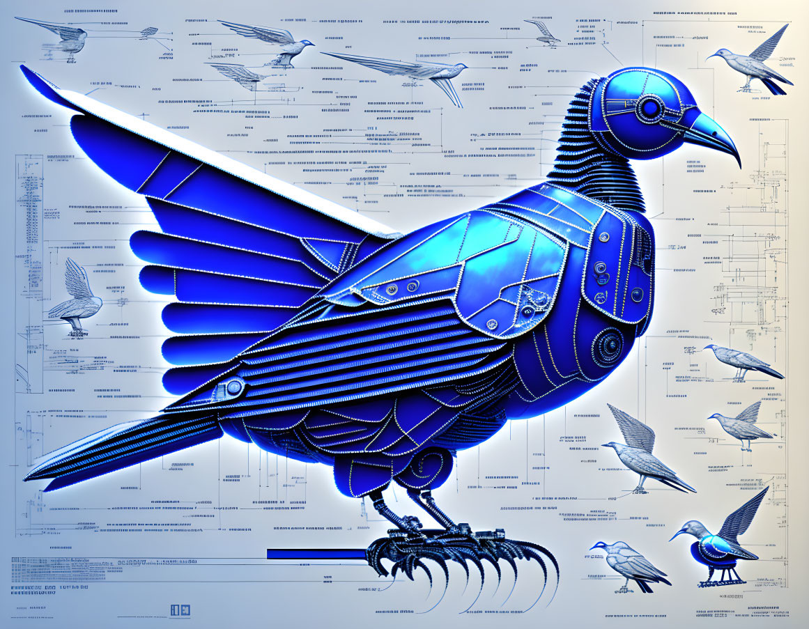 Detailed blueprint-style mechanical bird illustration with annotations and real bird comparisons