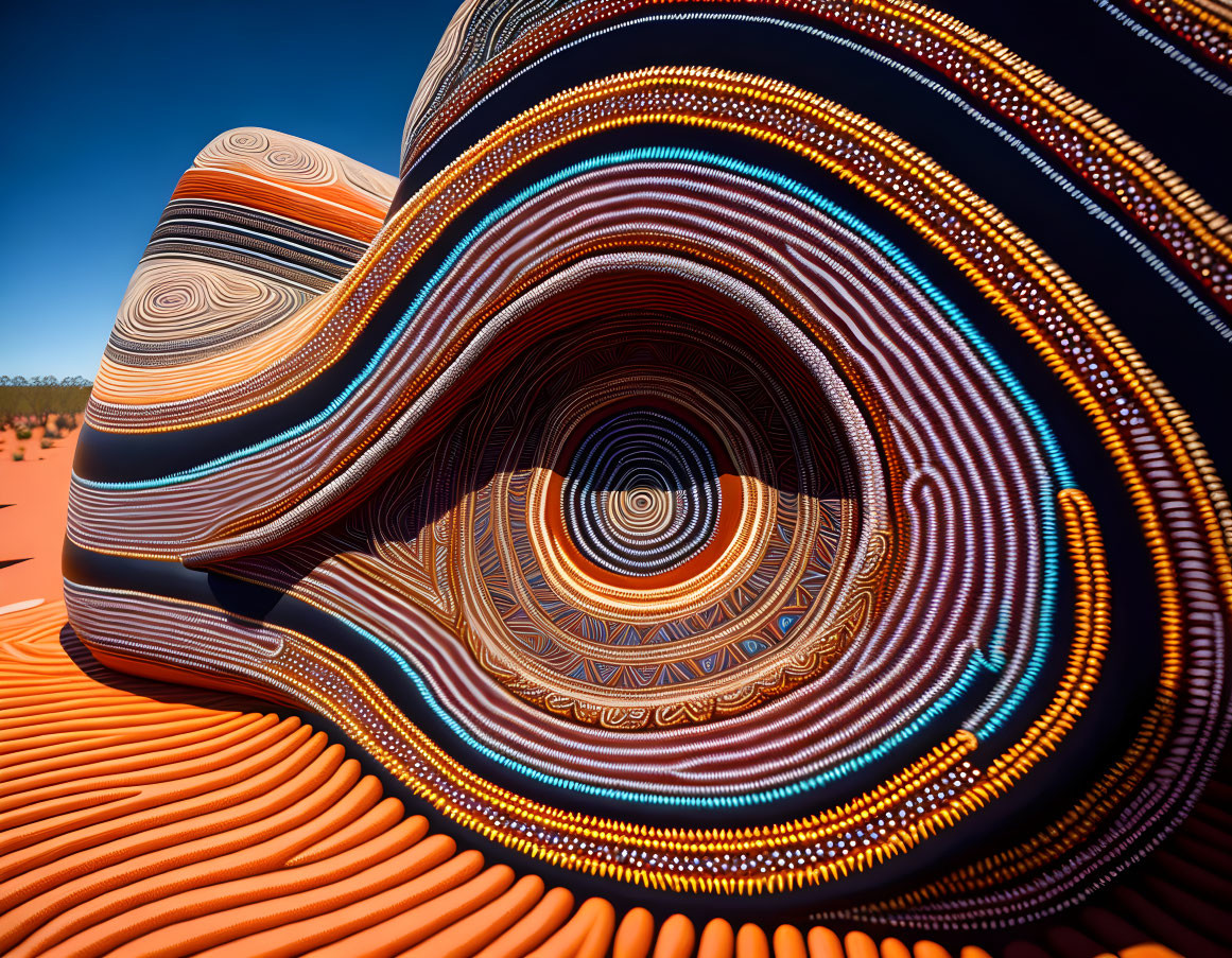 Colorful digital artwork: intricate swirling pattern with desert landscape.