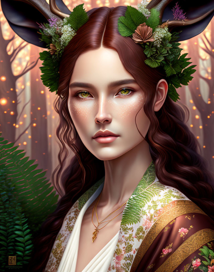 Digital Artwork: Woman with Horns, Flowers, Green Eyes, Forest Backdrop