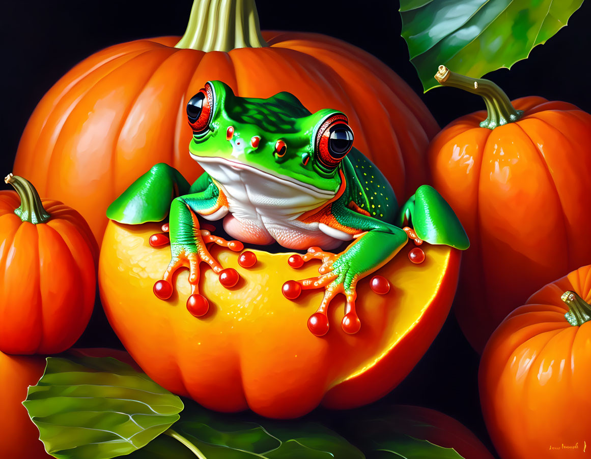 Colorful Frog on Pumpkin with Pumpkins in Black Background