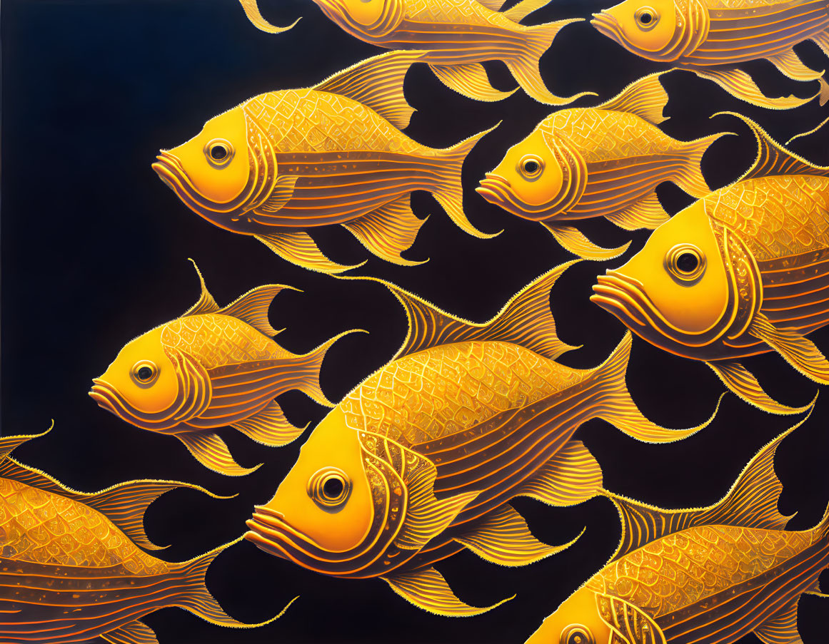 Stylized golden fish with intricate patterns swimming in formation