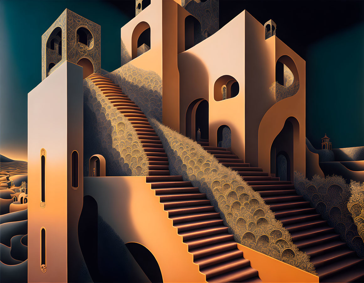 Surreal Landscape with Impossible Architecture and Warm Desert Colors