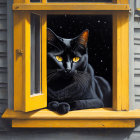 Black Cat with Yellow Eyes on Yellow Windowsill in Snowfall