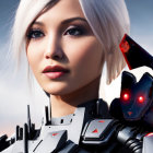 Female-presenting android in futuristic armor with white hair against cloudy sky