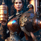 Steampunk-themed woman holding mechanical bird in industrial setting