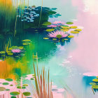 Tranquil painting of pond with pink water lilies and green lily pads