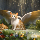 Majestic winged cats in lush greenery with sparkling lights