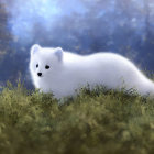 Arctic fox in green foliage against blue background